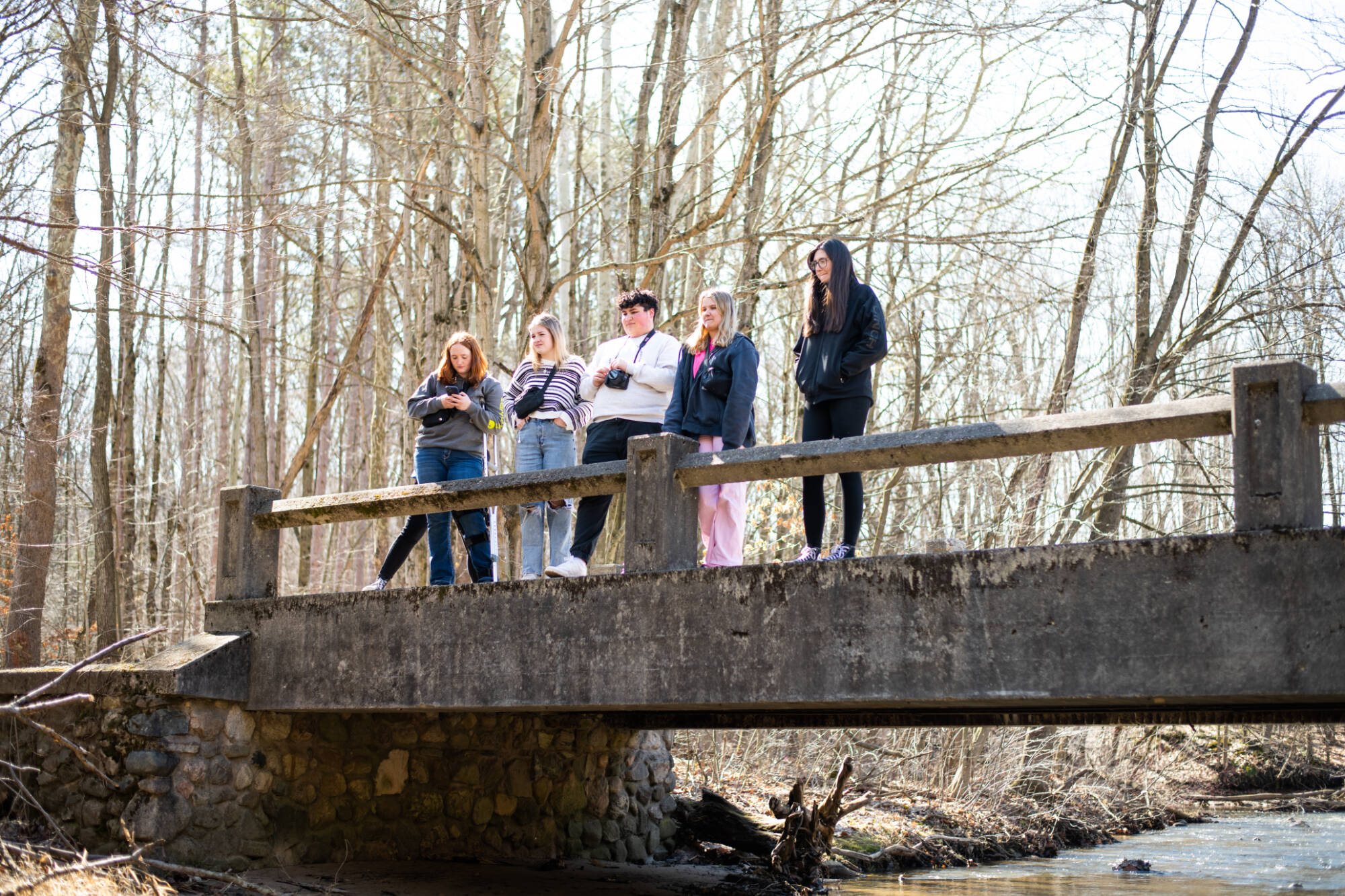 Five students stand on a small bridge overlooking a stream